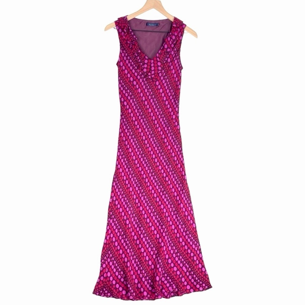 Boden Dress 12 LONG Vintage 90s Silk Maxi Slip Ruffle V Neck Sleeveless Pull On